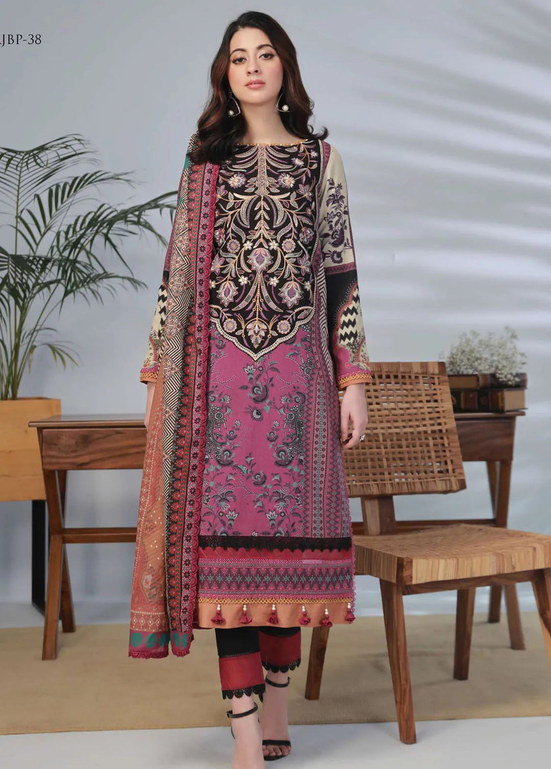 Asim Jofa Embroidered Lawn Unstitched Suit 3 Piece AJ23-P2 AJBP-38 - Summer Collection