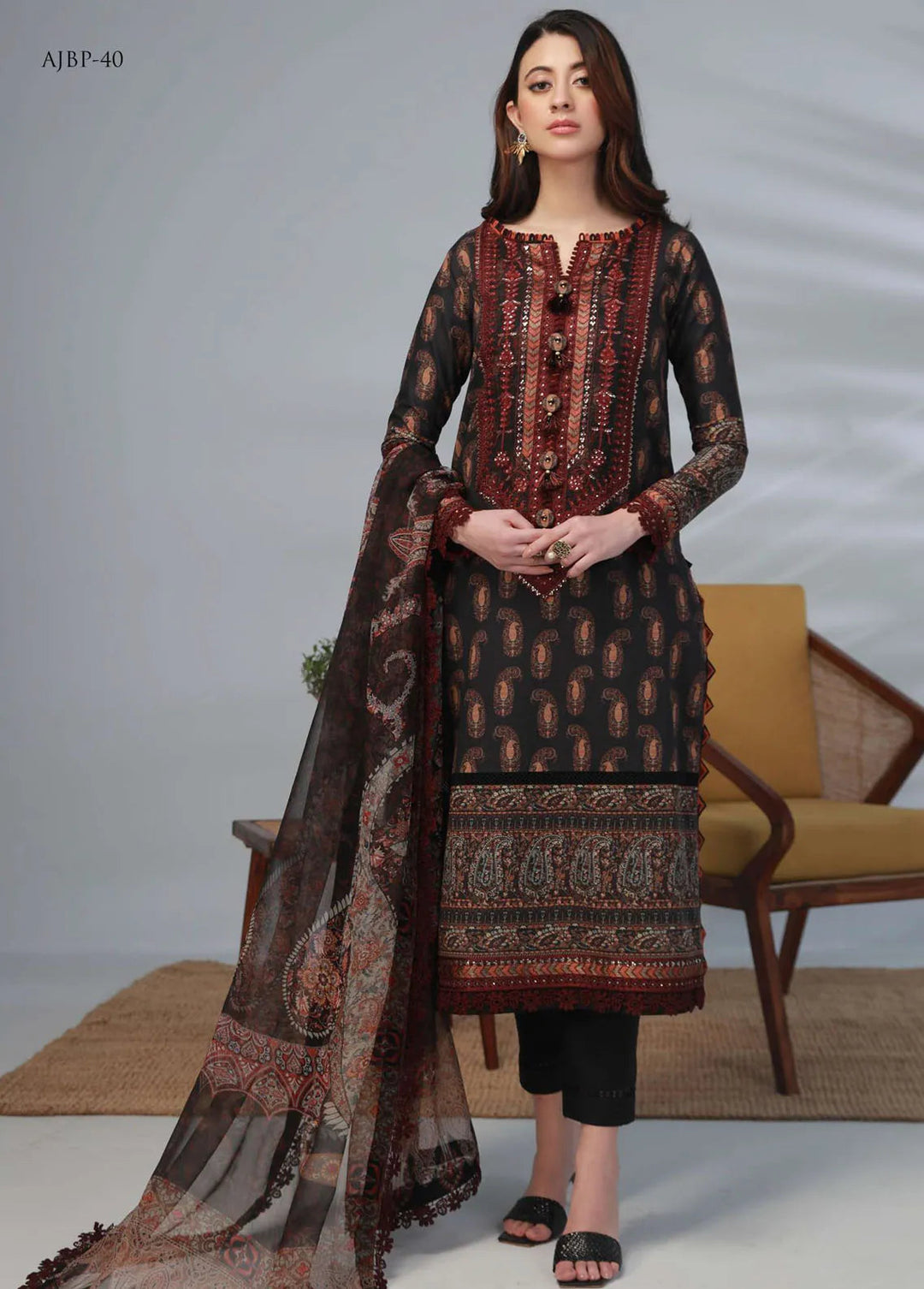 Asim Jofa Embroidered Lawn Unstitched Suit 3 Piece AJ23-P2 AJBP-40 - Summer Collection