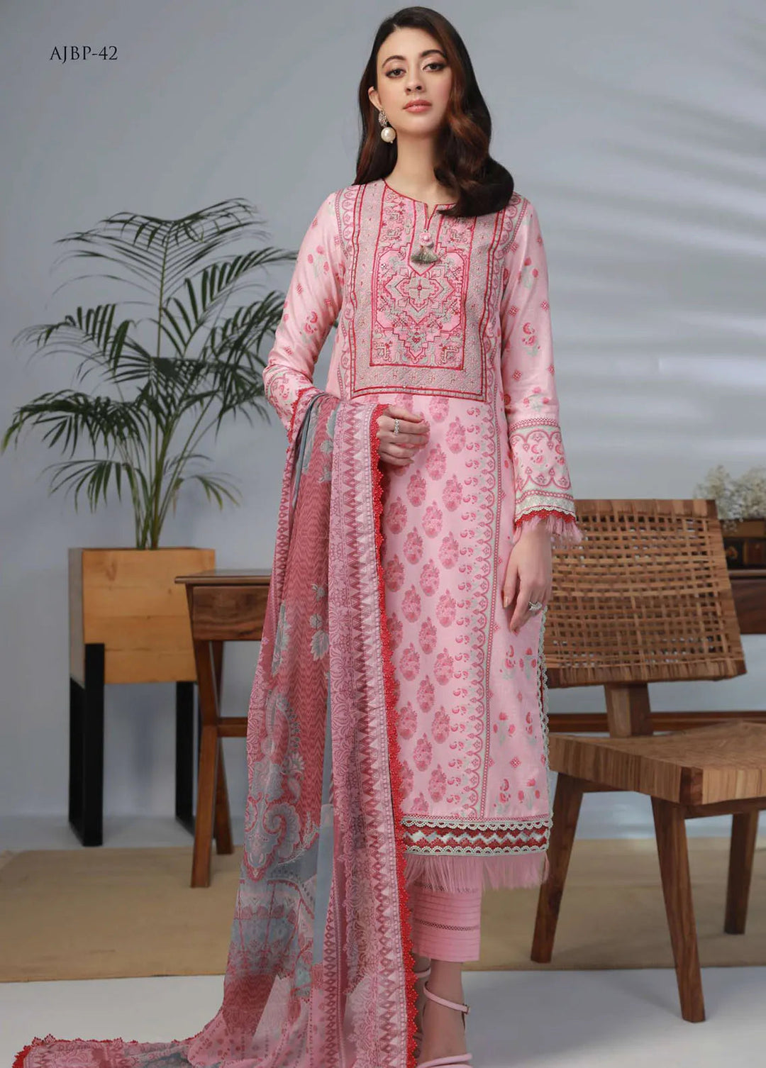 Asim Jofa Embroidered Lawn Unstitched Suit 3 Piece AJ23-P2 AJBP-42 - Summer Collection