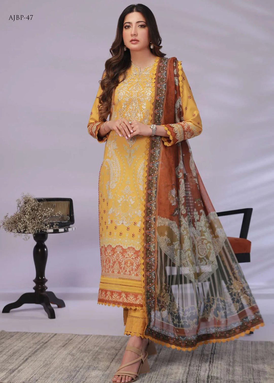 Asim Jofa Embroidered Lawn Unstitched Suit 3 Piece AJ23-P2 AJBP-47 - Summer Collection