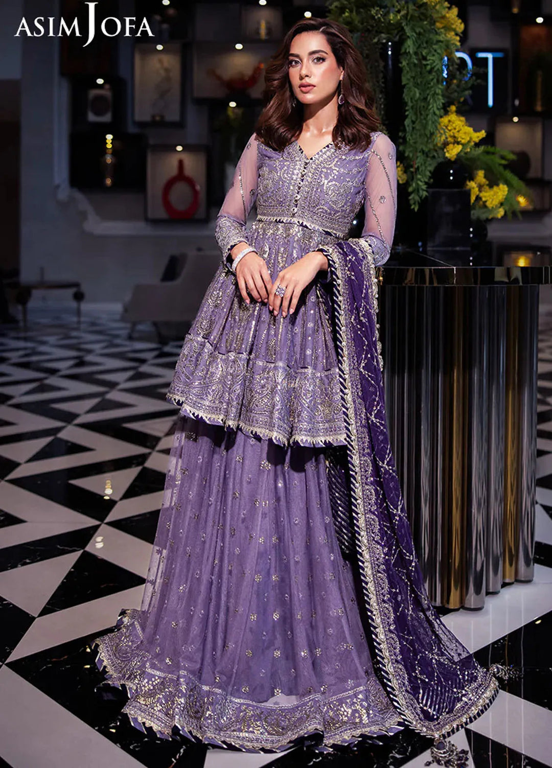 Asim Jofa Embroidered Net Suits Unstitched 3 Piece AJ25F AJFF-02 - Festive Collection