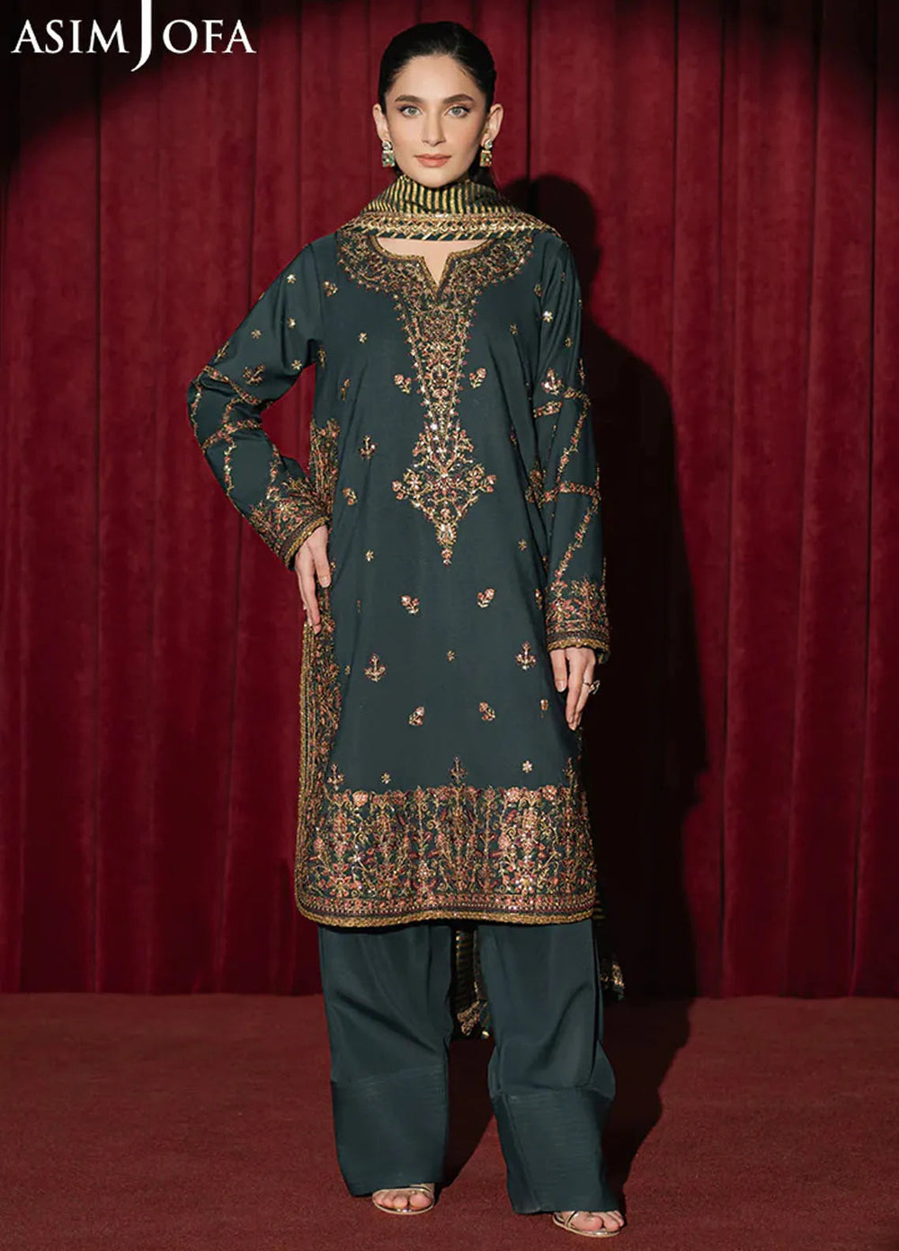 Asim Jofa Embroidered Silk Suits Unstitched 3 Piece AJ25PF AJPF-05 - Festive Collection
