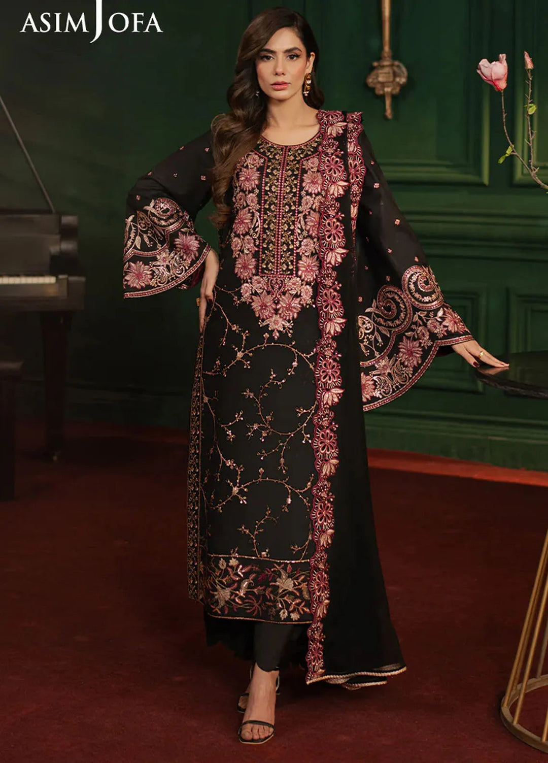 Asim Jofa Embroidered Silk Suits Unstitched 3 Piece AJ25PF AJPF-19 - Festive Collection