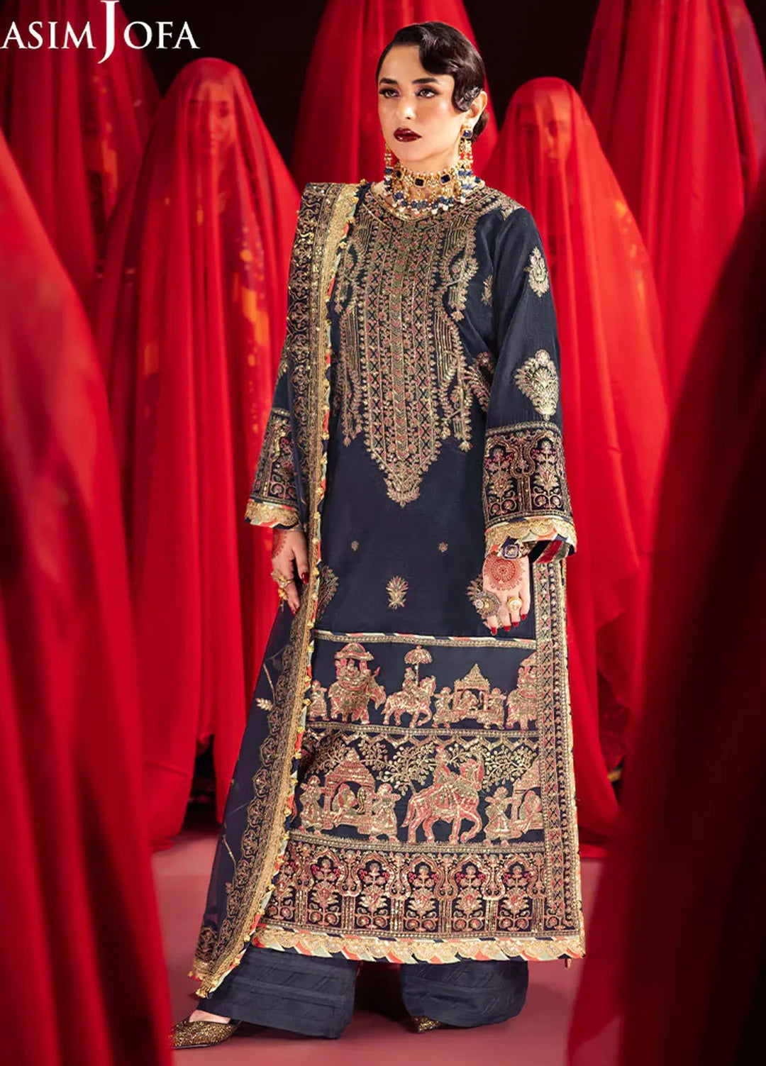 Asim Jofa Embroidered Velvet Suits Unstitched 3 Piece AJ24M AJMV-11 - Luxury Collection