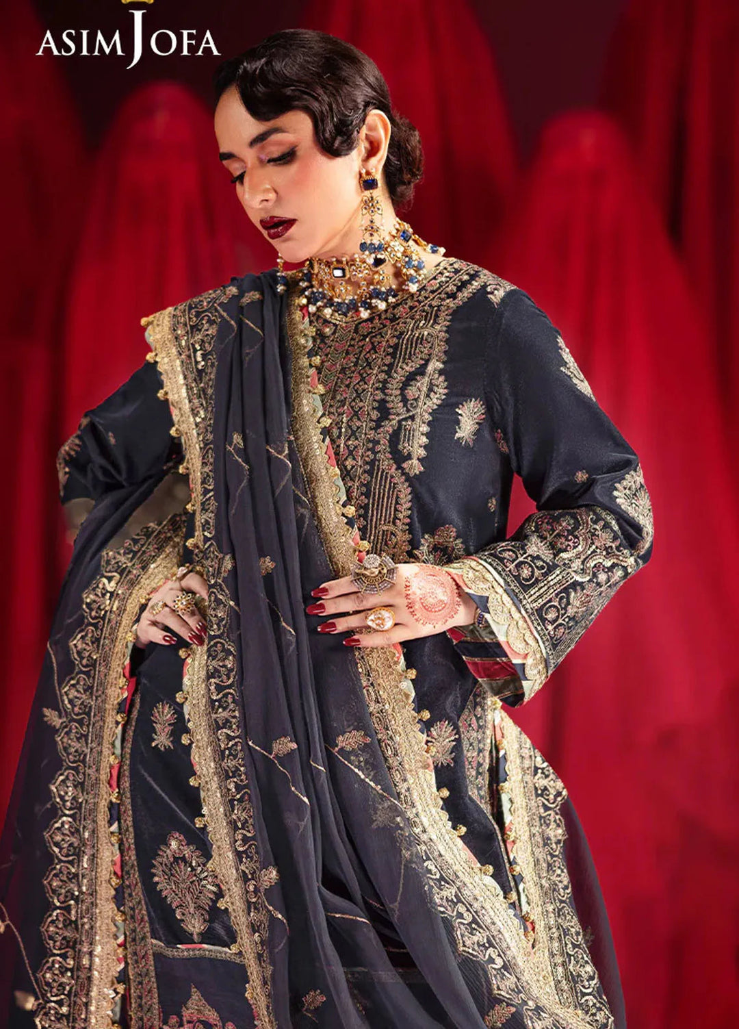 Asim Jofa Embroidered Velvet Suits Unstitched 3 Piece AJ24M AJMV-11 - Luxury Collection