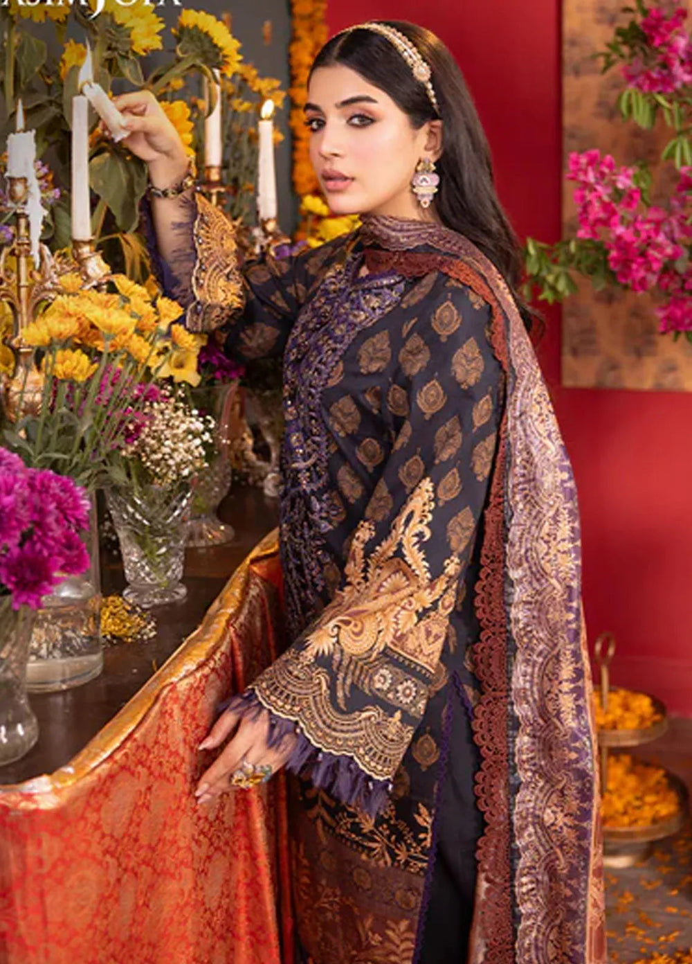Asra By Asim Jofa Embroidered Jacquard Unstitched Suit 3 Piece AJ24AE AJRA-01 - Festive Collection