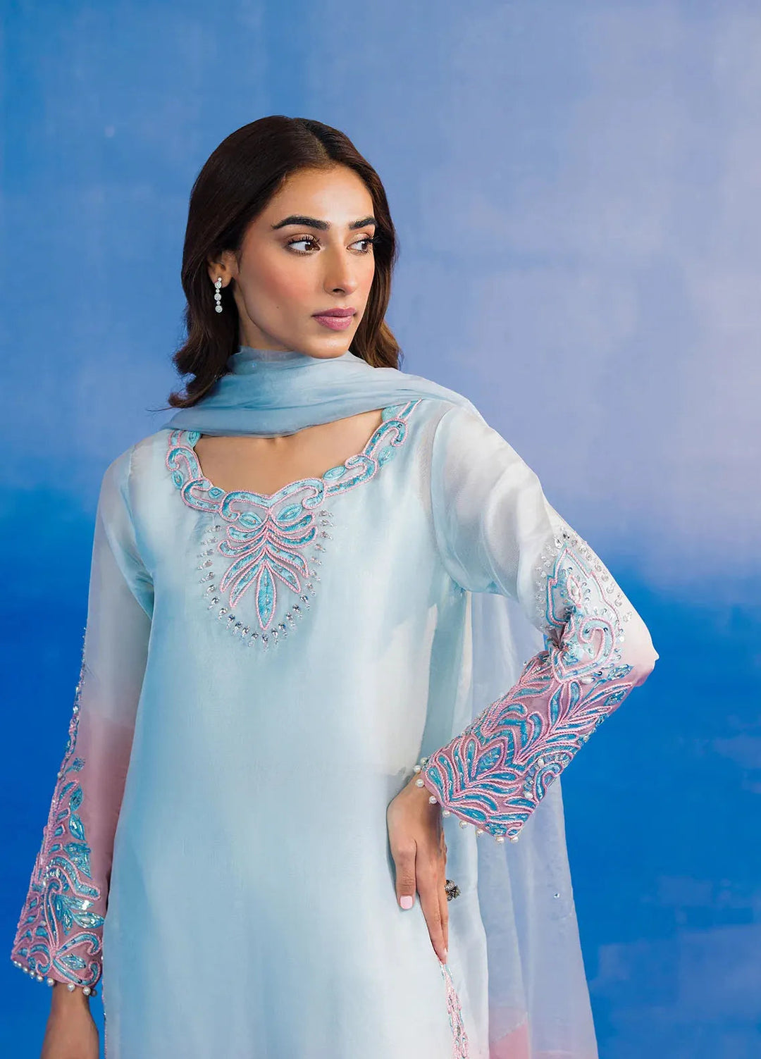 Astrella by Maham Sultan Pret Embroidered Sheesh Silk 3 Piece Suit Ombriana