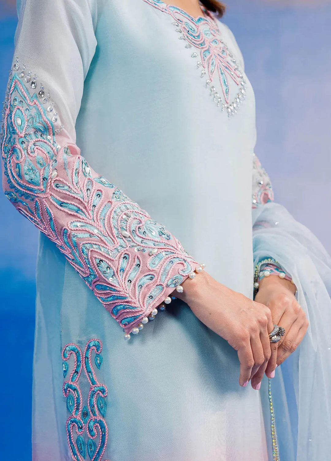Astrella by Maham Sultan Pret Embroidered Sheesh Silk 3 Piece Suit Ombriana