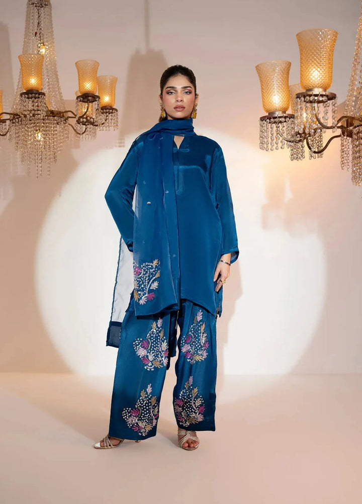 Attire by Maha Pret Embroidered Raw Silk 3 Piece Suit Blue Muse