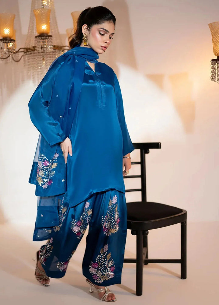 Attire by Maha Pret Embroidered Raw Silk 3 Piece Suit Blue Muse