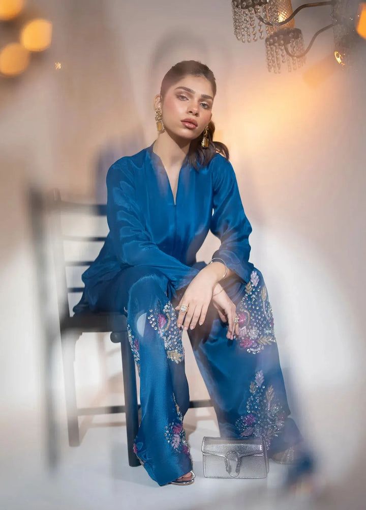 Attire by Maha Pret Embroidered Raw Silk 3 Piece Suit Blue Muse