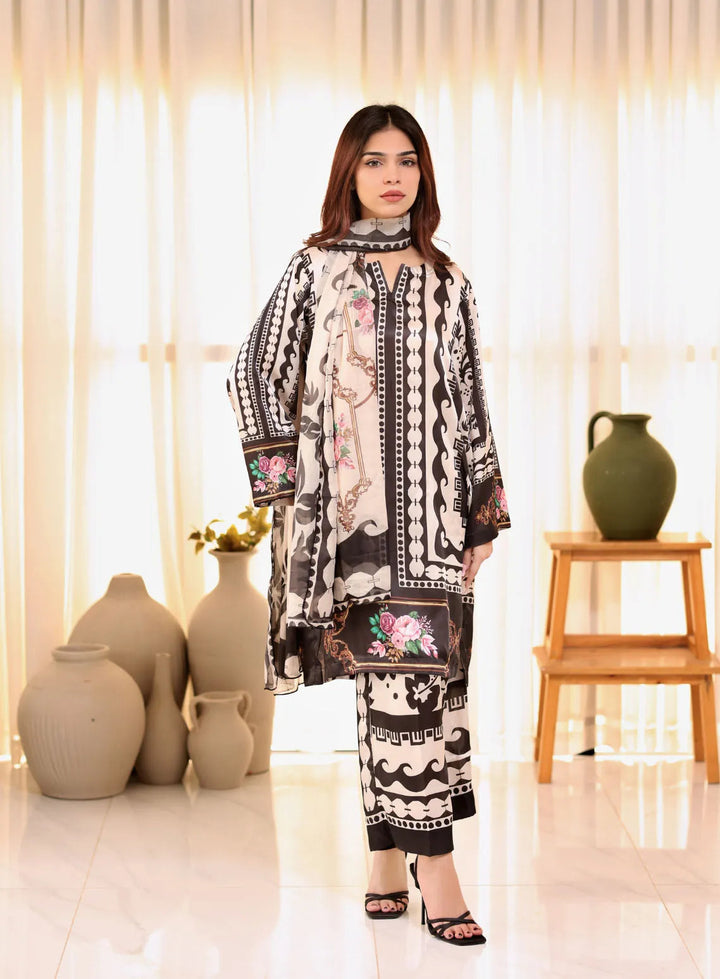 Attire By Maha Pret Printed Silk 3 Piece Suit Black Cora