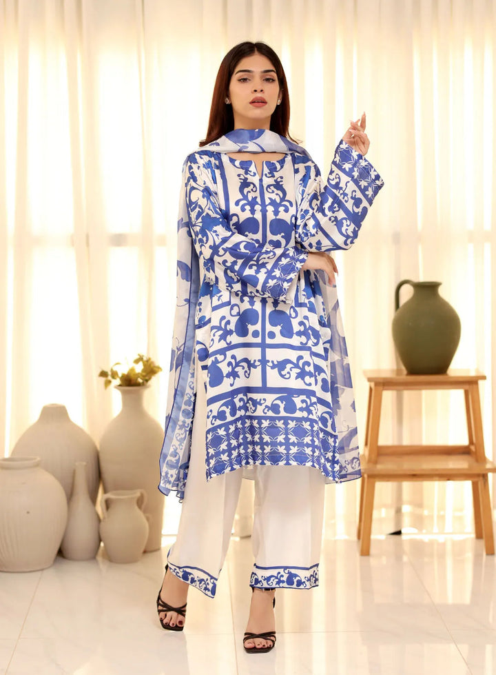Attire By Maha Pret Printed Silk 3 Piece Suit Blue Kera
