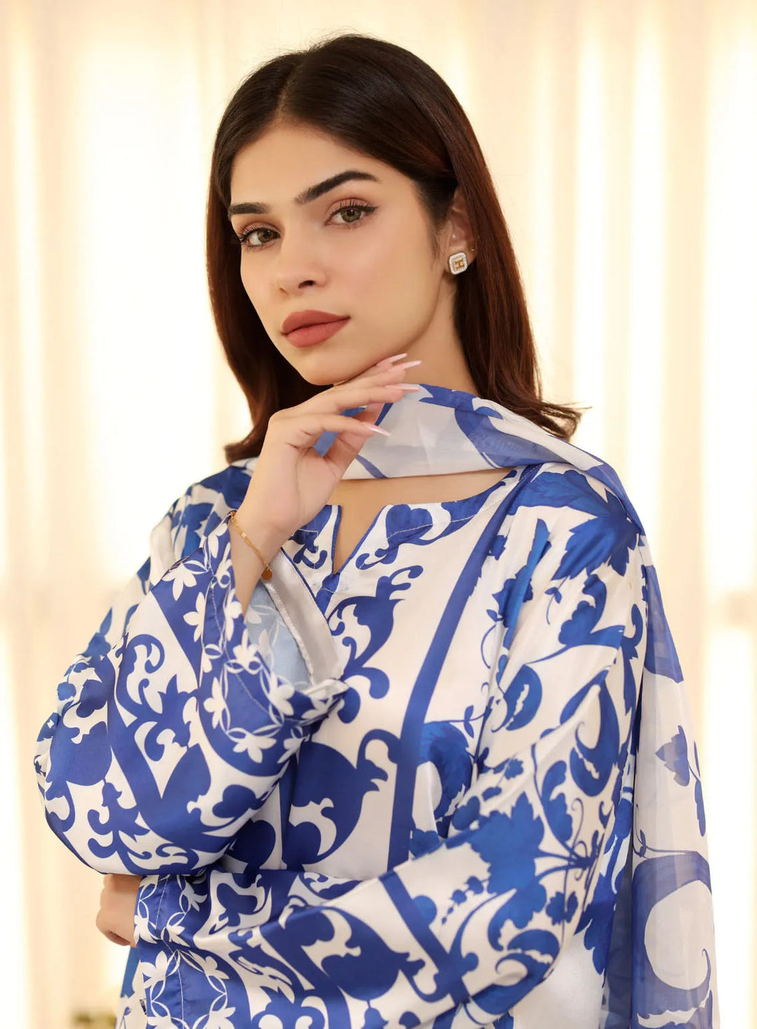 Attire By Maha Pret Printed Silk 3 Piece Suit Blue Kera