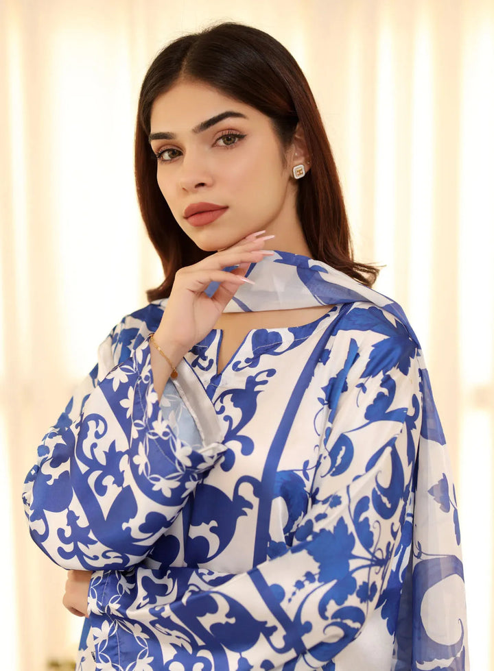 Attire By Maha Pret Printed Silk 3 Piece Suit Blue Kera
