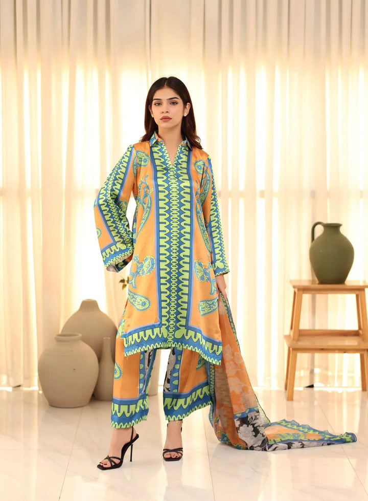 Attire By Maha Pret Printed Silk 3 Piece Suit Orange Skye