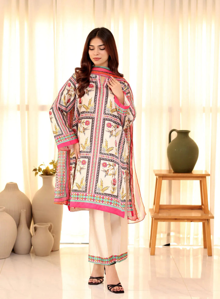 Attire By Maha Pret Printed Silk 3 Piece Suit Pink Ivy