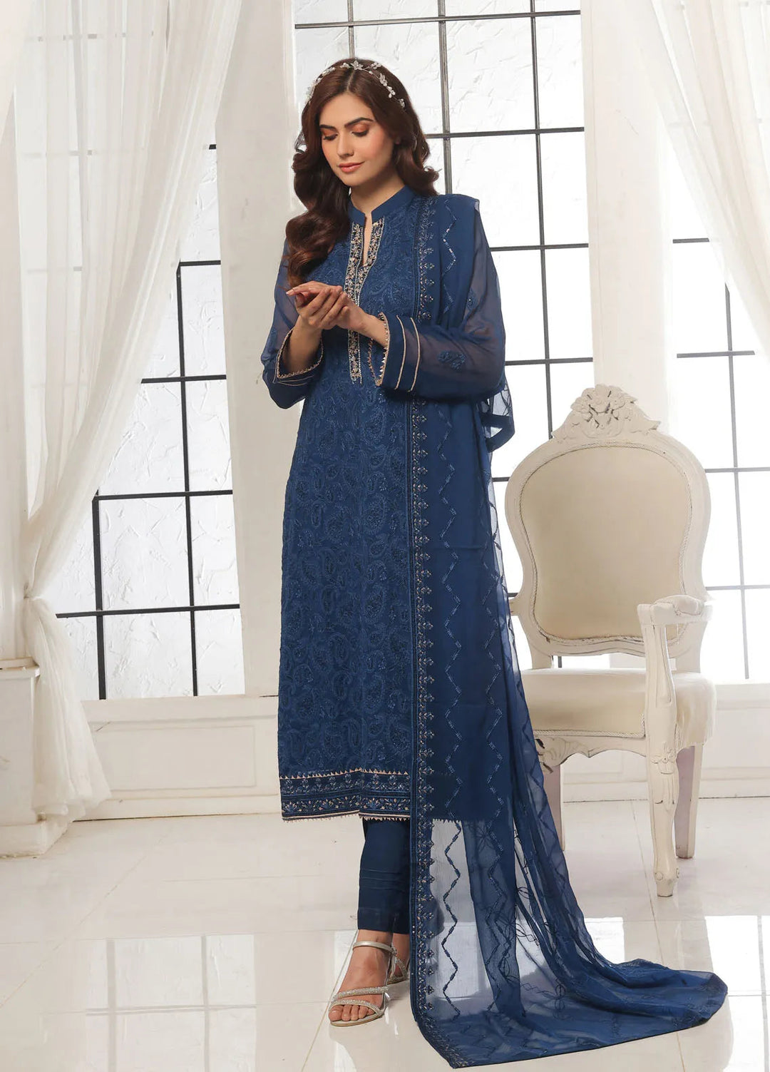 Aura by Shamooz Pret Embroidered Chiffon 3 Piece Suit SEM-0785 Royal Blue