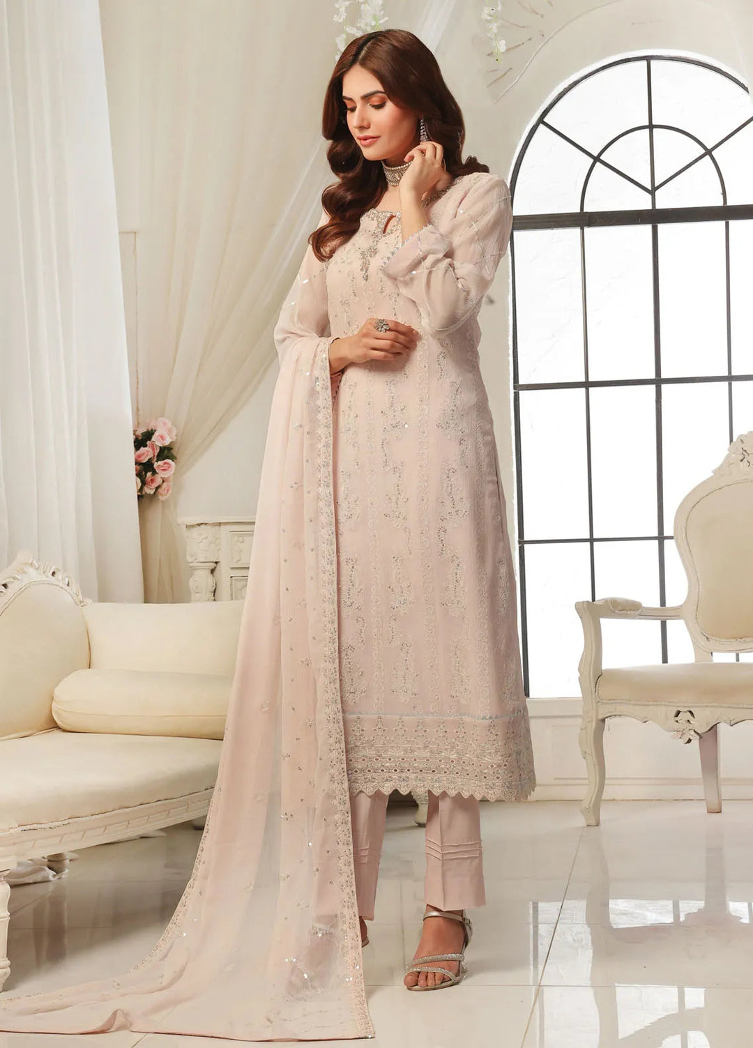 Aura by Shamooz Pret Embroidered Chiffon 3 Piece Suit SEM-0786 Blush Pink