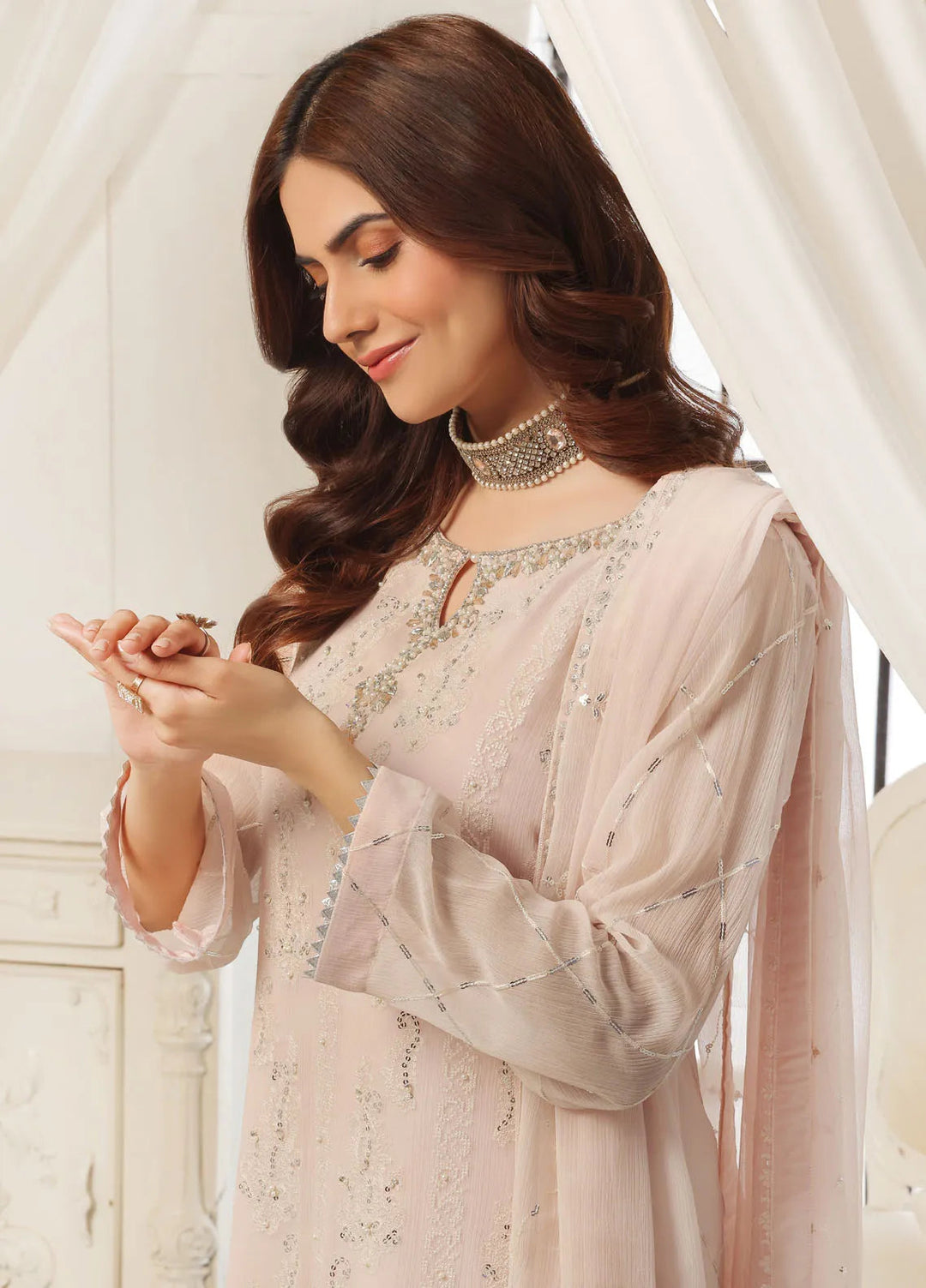 Aura by Shamooz Pret Embroidered Chiffon 3 Piece Suit SEM-0786 Blush Pink