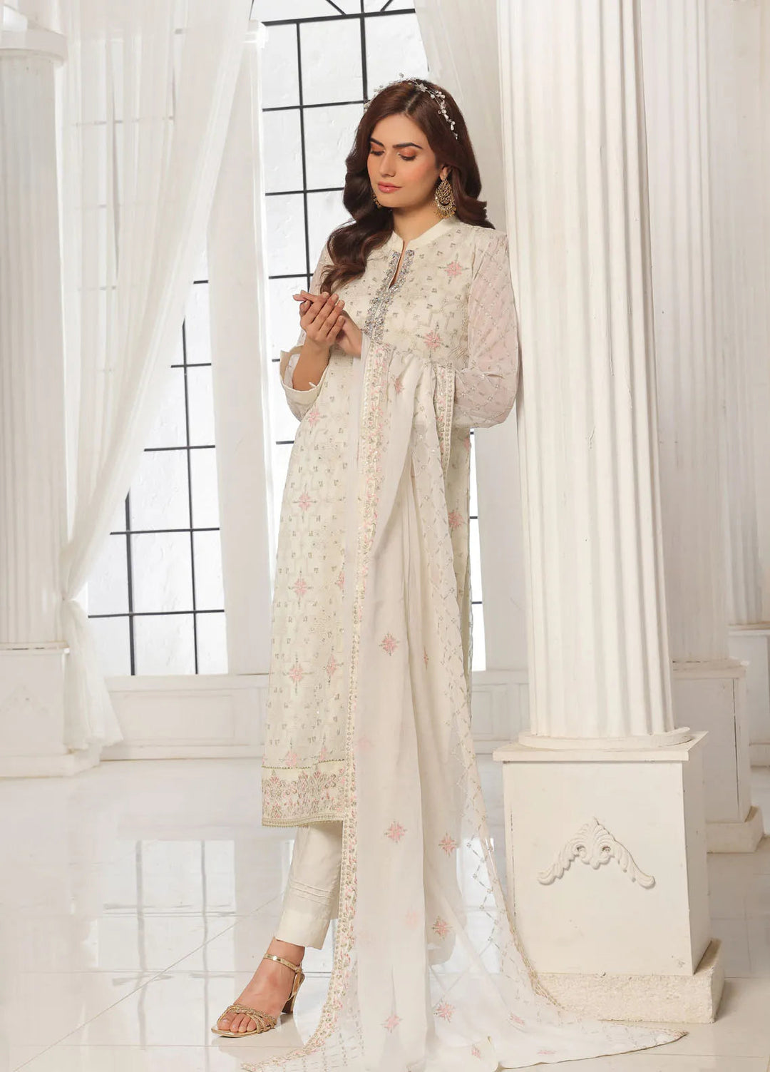 Aura by Shamooz Pret Embroidered Chiffon 3 Piece Suit SEM-0787 Ivory Hue