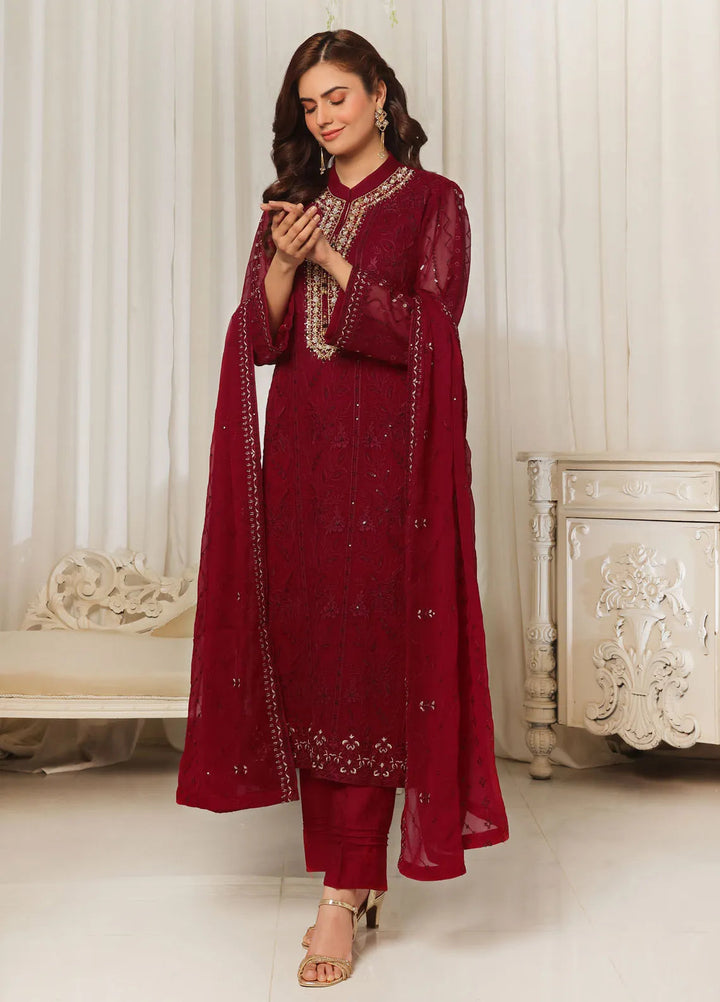 Aura by Shamooz Pret Embroidered Chiffon 3 Piece Suit SEM-0788 Ruby