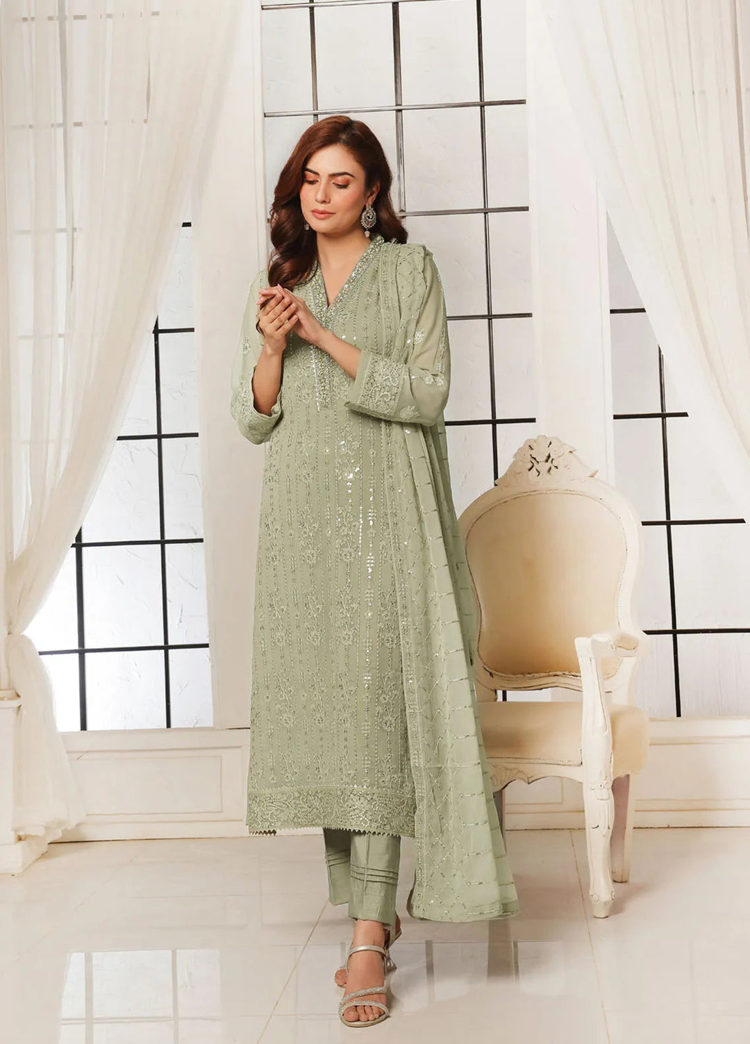 Aura by Shamooz Pret Embroidered Chiffon 3 Piece Suit SEM-0790 Khaki