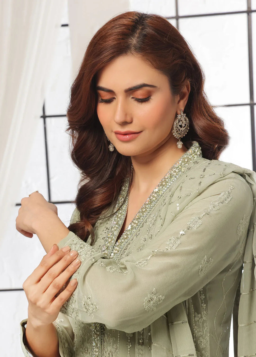Aura by Shamooz Pret Embroidered Chiffon 3 Piece Suit SEM-0790 Khaki