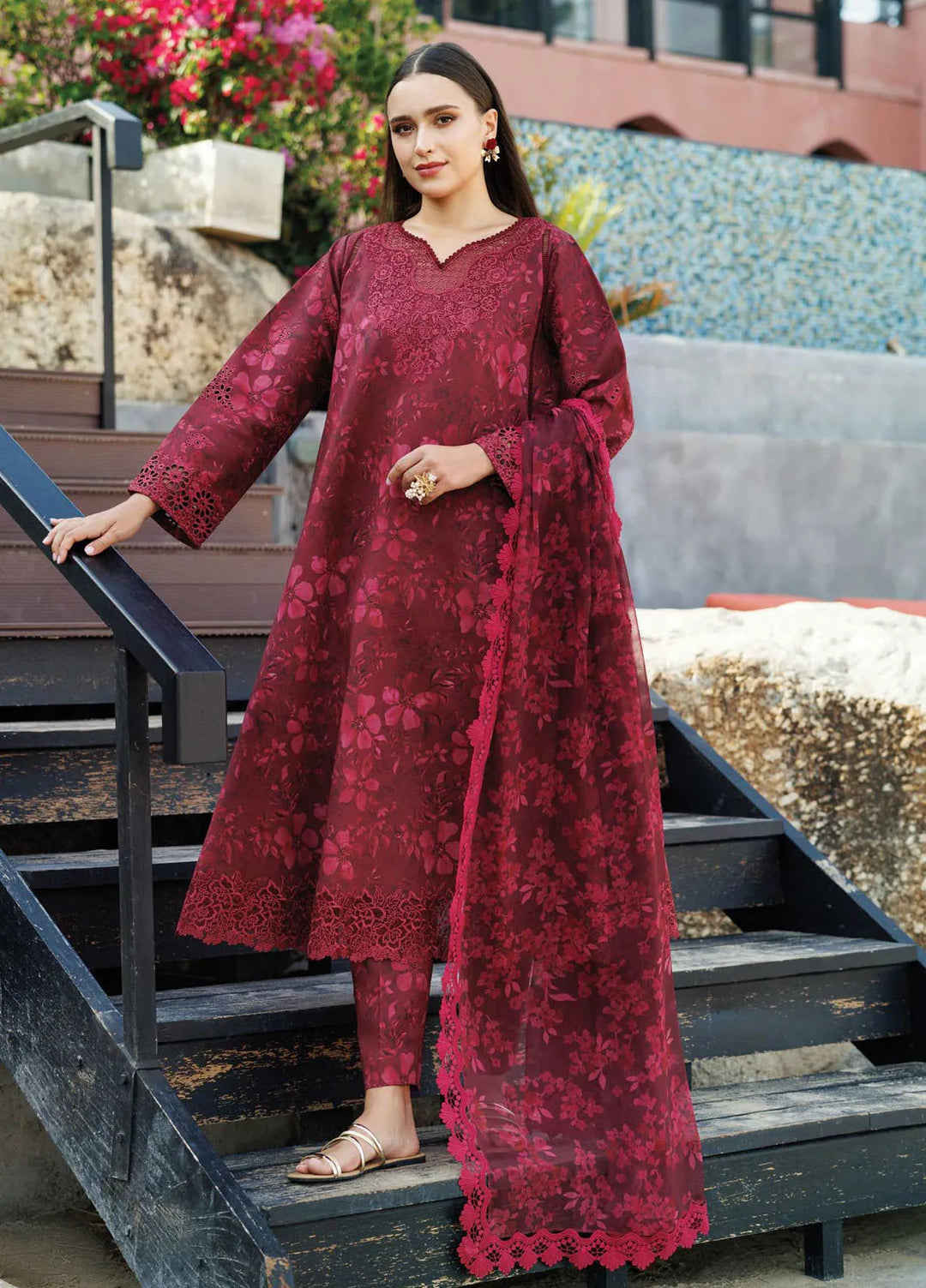 Aurea by Farasha Embroidered Lawn Suit Unstitched 3 Piece FSH25AL D-01 Merlot Muse - Summer Collection