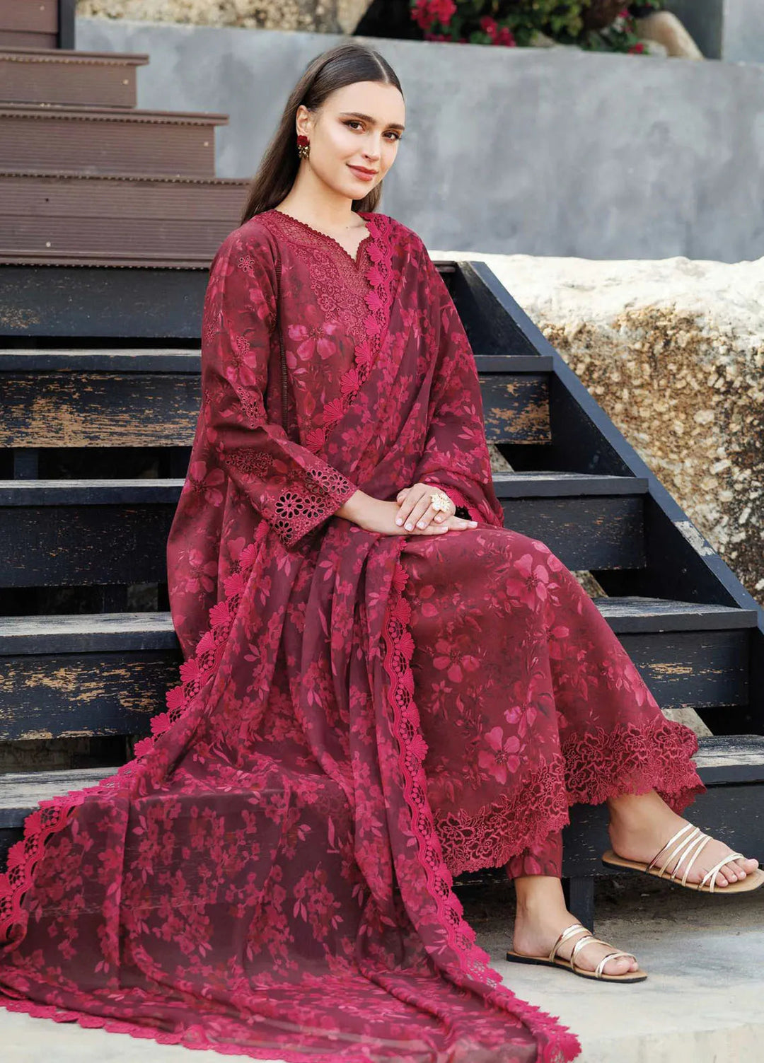 Aurea by Farasha Embroidered Lawn Suit Unstitched 3 Piece FSH25AL D-01 Merlot Muse - Summer Collection