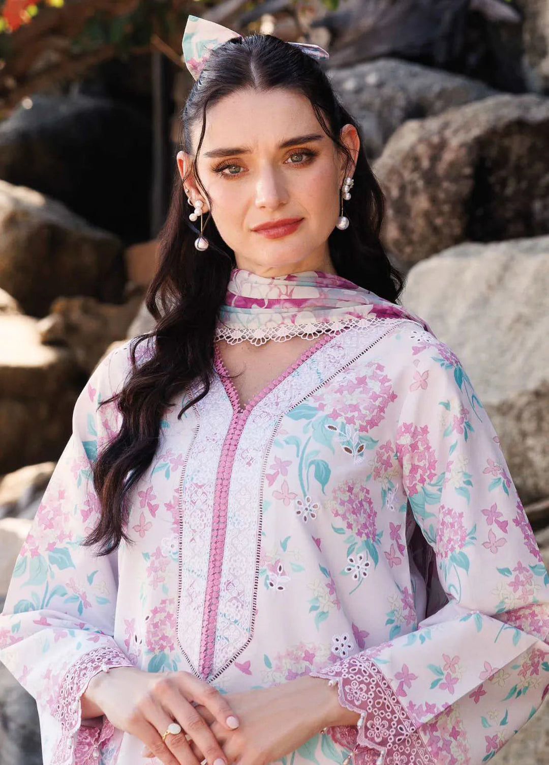 Aurea by Farasha Embroidered Lawn Suit Unstitched 3 Piece FSH25AL D-02 Blossom Mist - Summer Collection