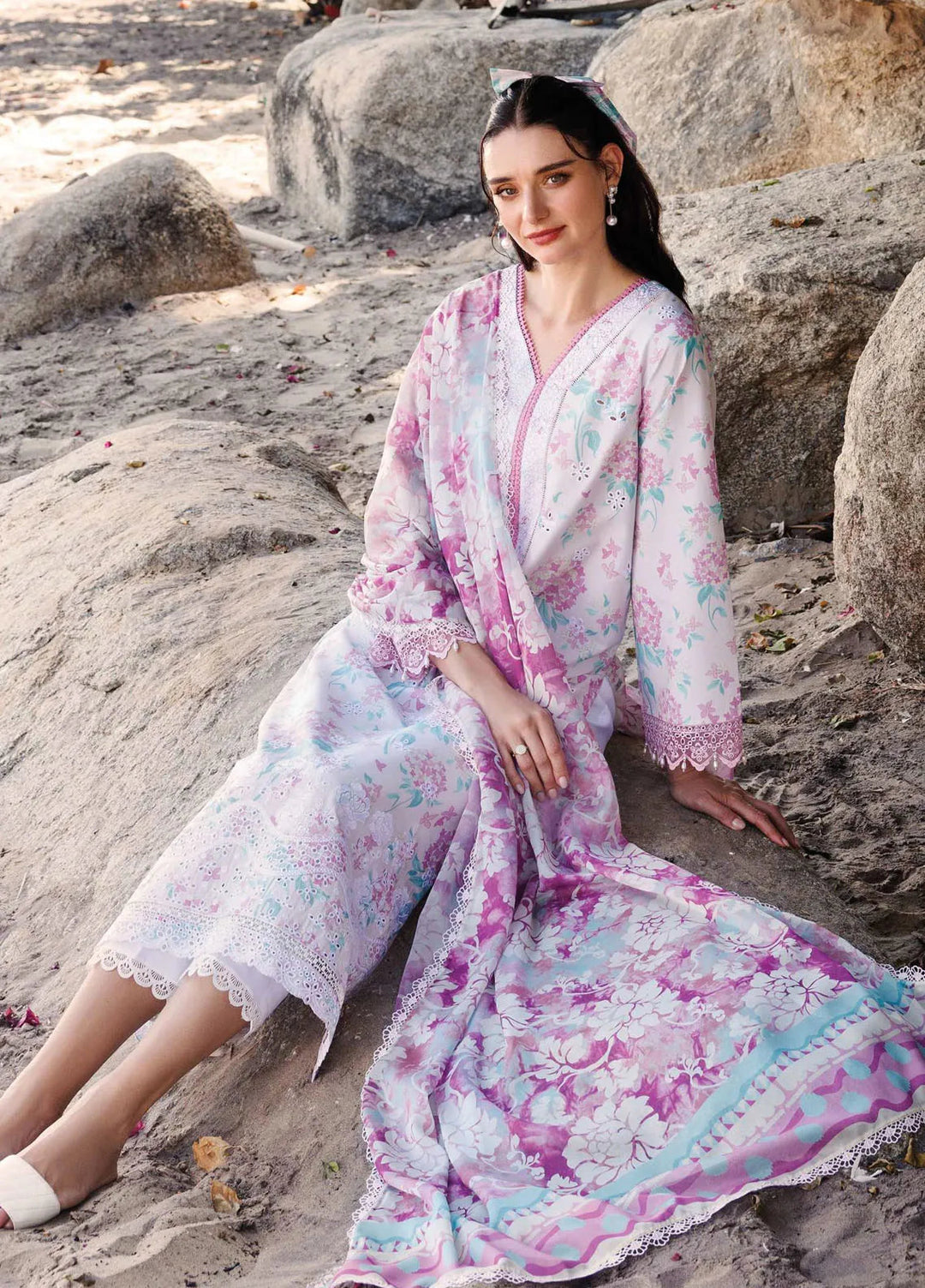 Aurea by Farasha Embroidered Lawn Suit Unstitched 3 Piece FSH25AL D-02 Blossom Mist - Summer Collection