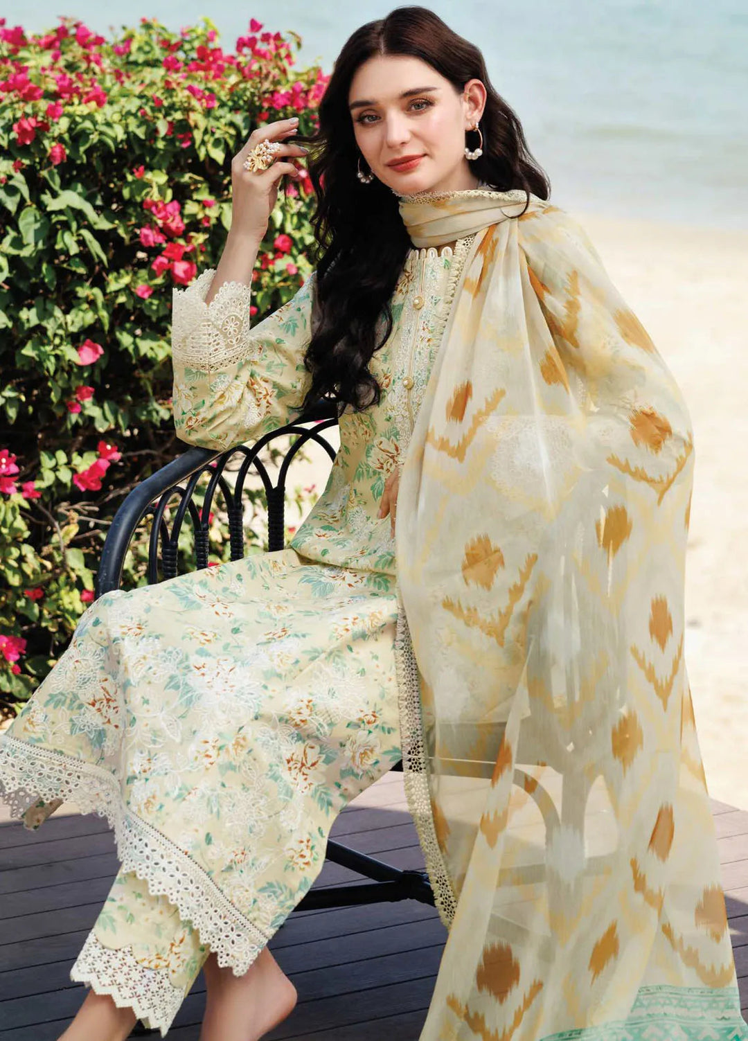 Aurea by Farasha Embroidered Lawn Suit Unstitched 3 Piece FSH25AL D-08 Lush Cream - Summer Collection