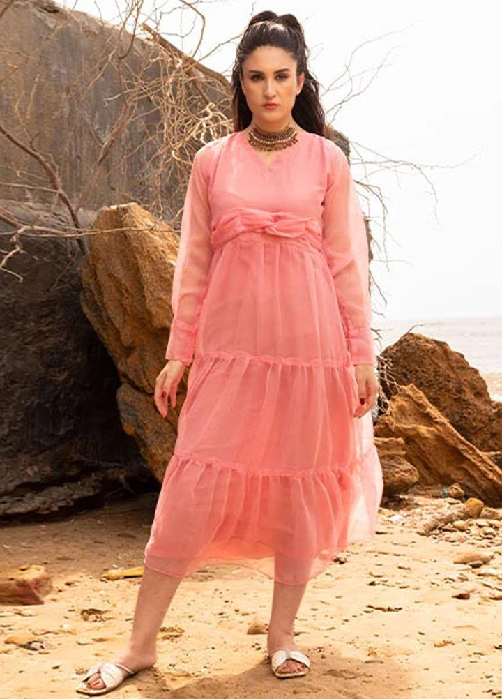 Nazmina Pret Fancy Chiffon Kurti FR-692 Salmon Tulips