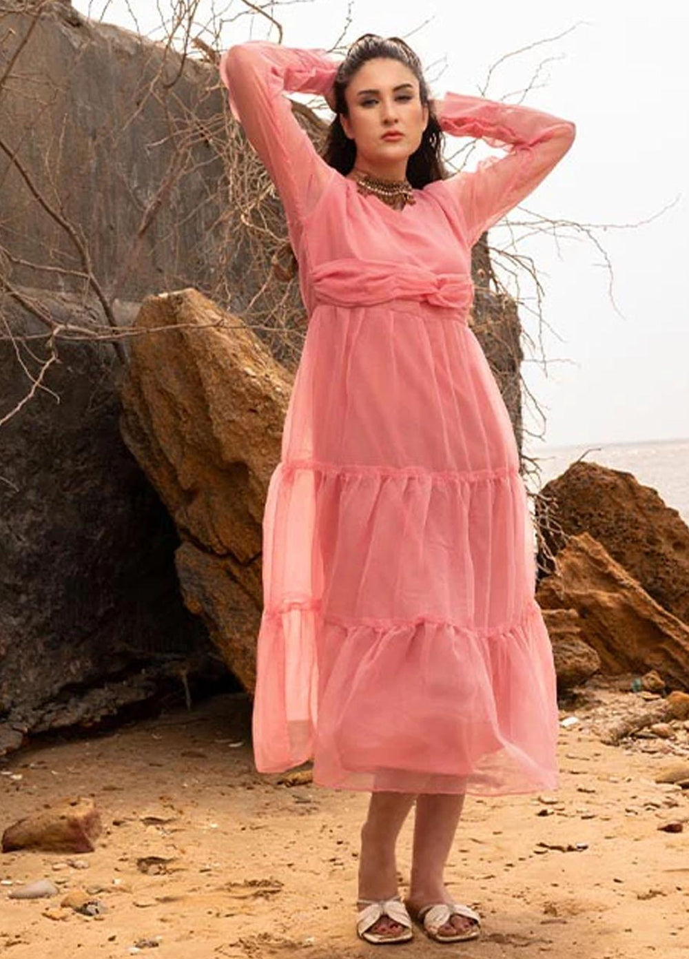 Nazmina Pret Fancy Chiffon Kurti FR-692 Salmon Tulips