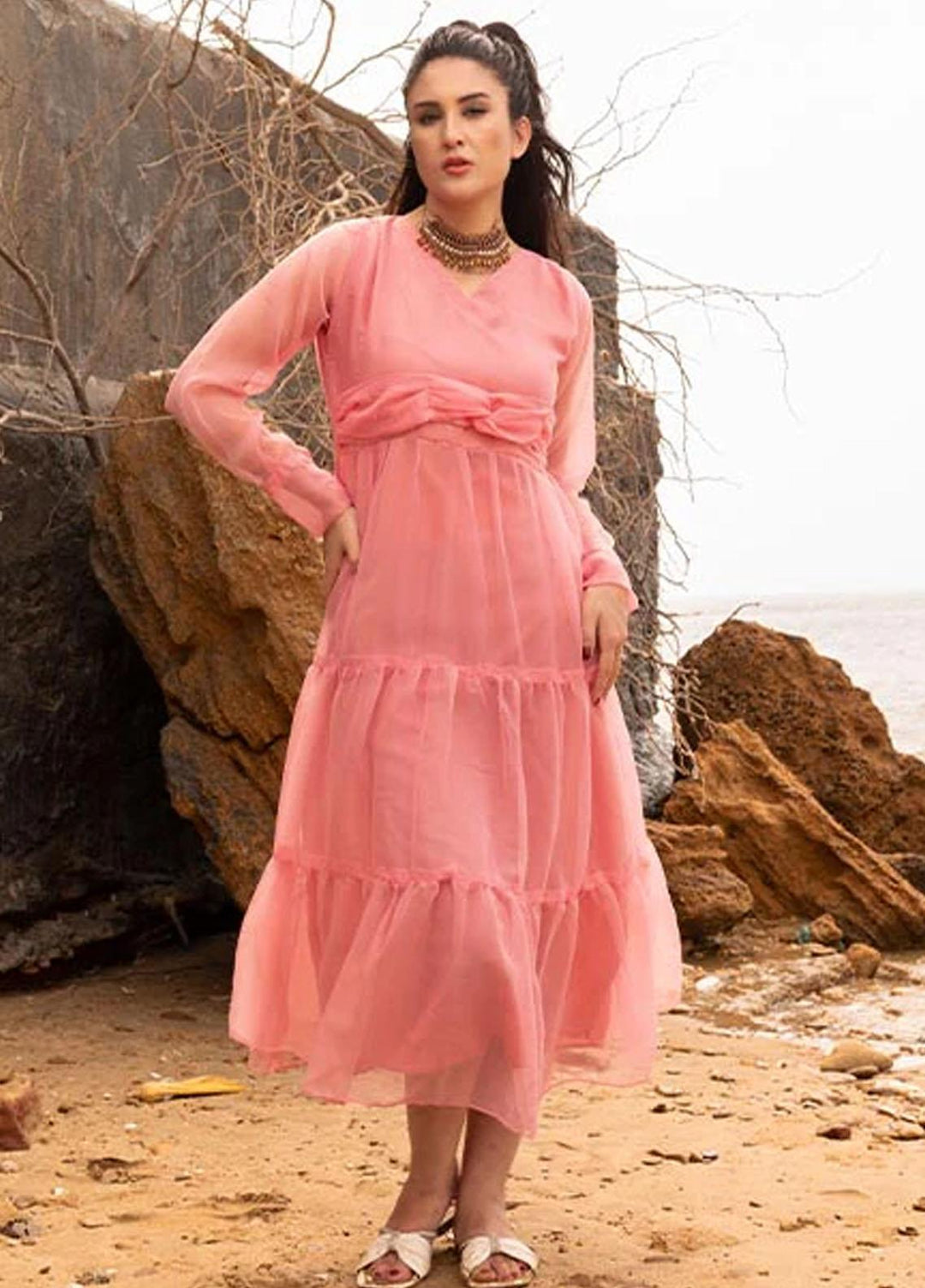 Nazmina Pret Fancy Chiffon Kurti FR-692 Salmon Tulips