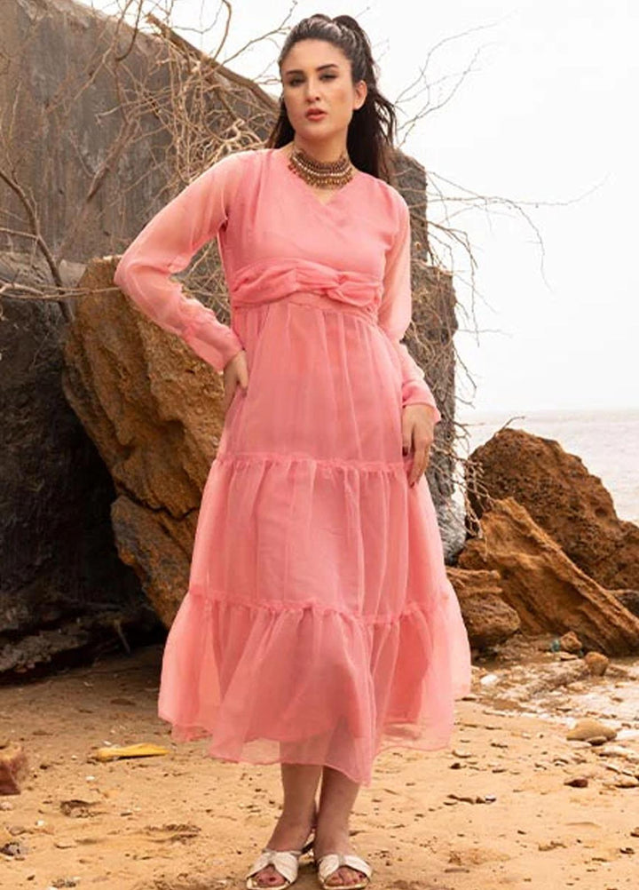 Nazmina Pret Fancy Chiffon Kurti FR-692 Salmon Tulips