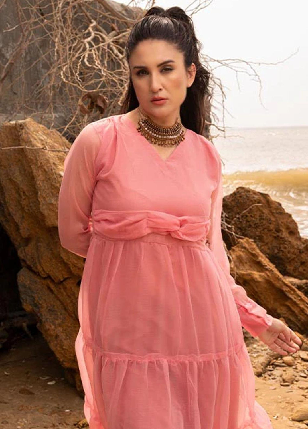 Nazmina Pret Fancy Chiffon Kurti FR-692 Salmon Tulips