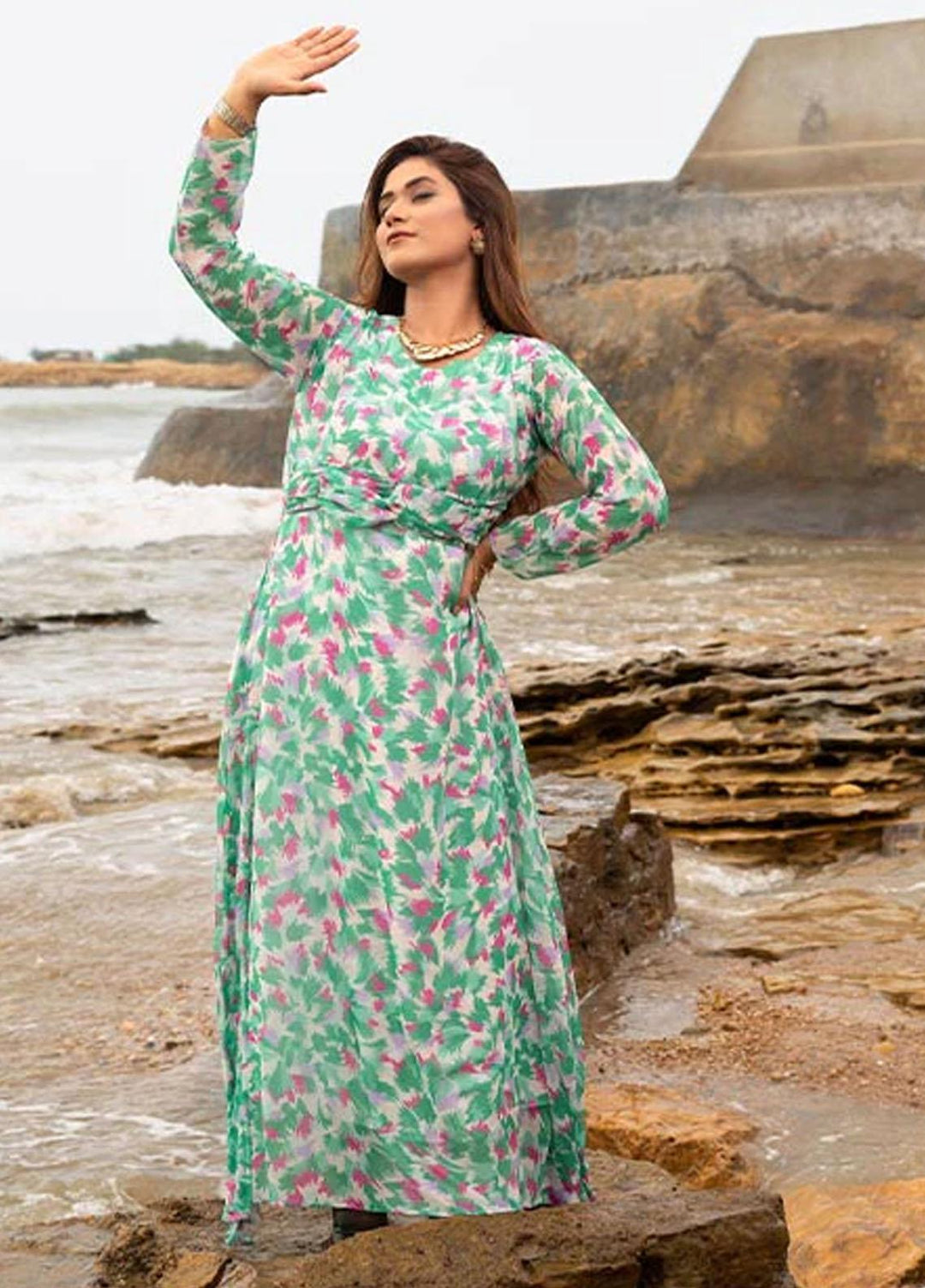 Nazmina Pret Fancy Chiffon Kurti FR-705 Sky Loves