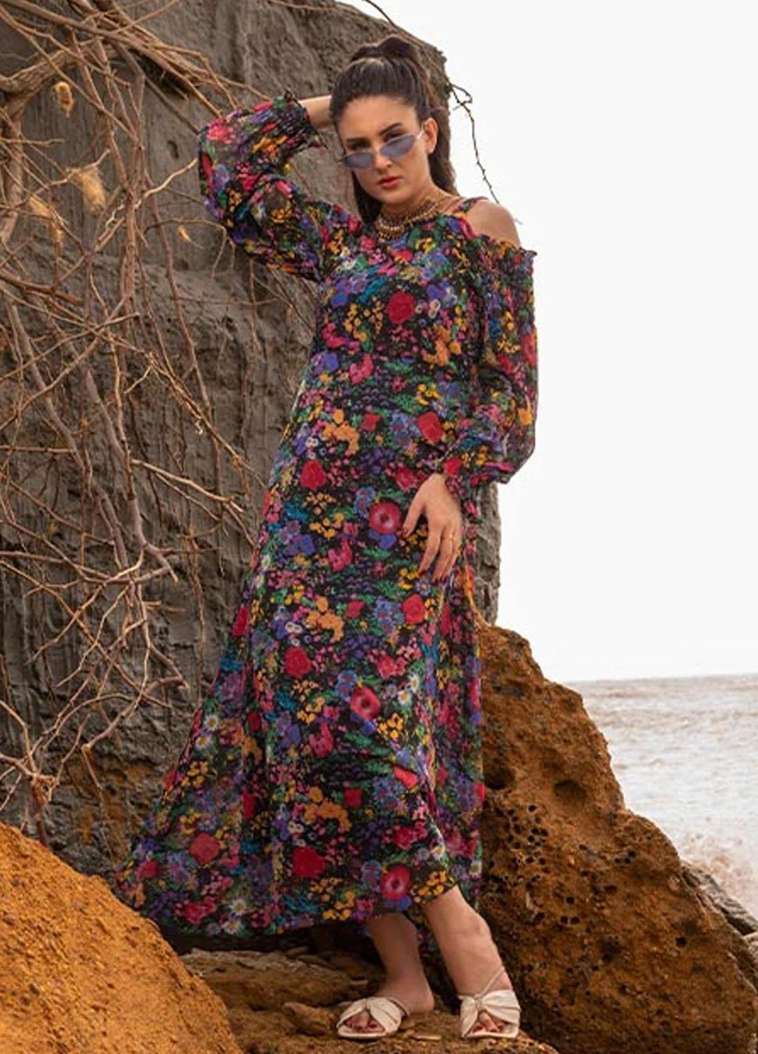 Nazmina Pret Fancy Chiffon Kurti FR-711 Black Rainbow