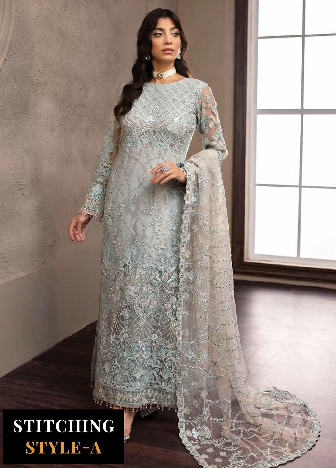 Avalanche By Flossie Embroidered Net Suits Unstitched 3 Piece FS23ACH D-03 Crystalline - Festive Collection