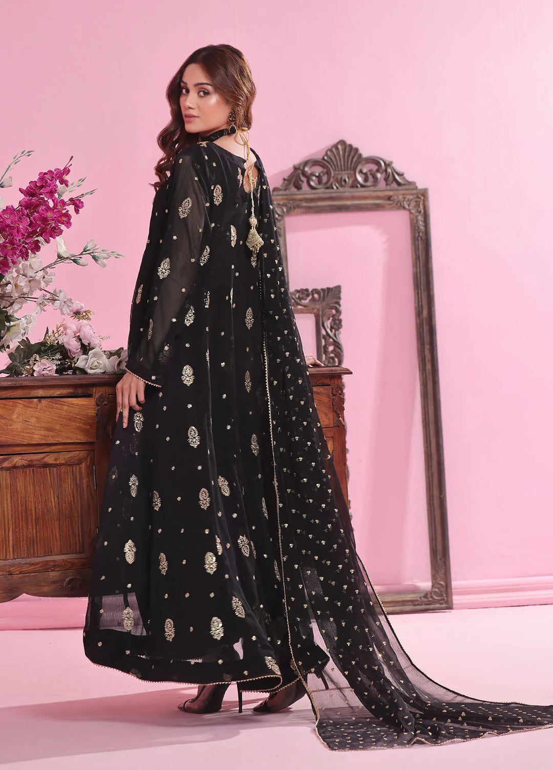 Ayesha Closet Pret Embroidered Chiffon 3 Piece Suit Gulnaar Black