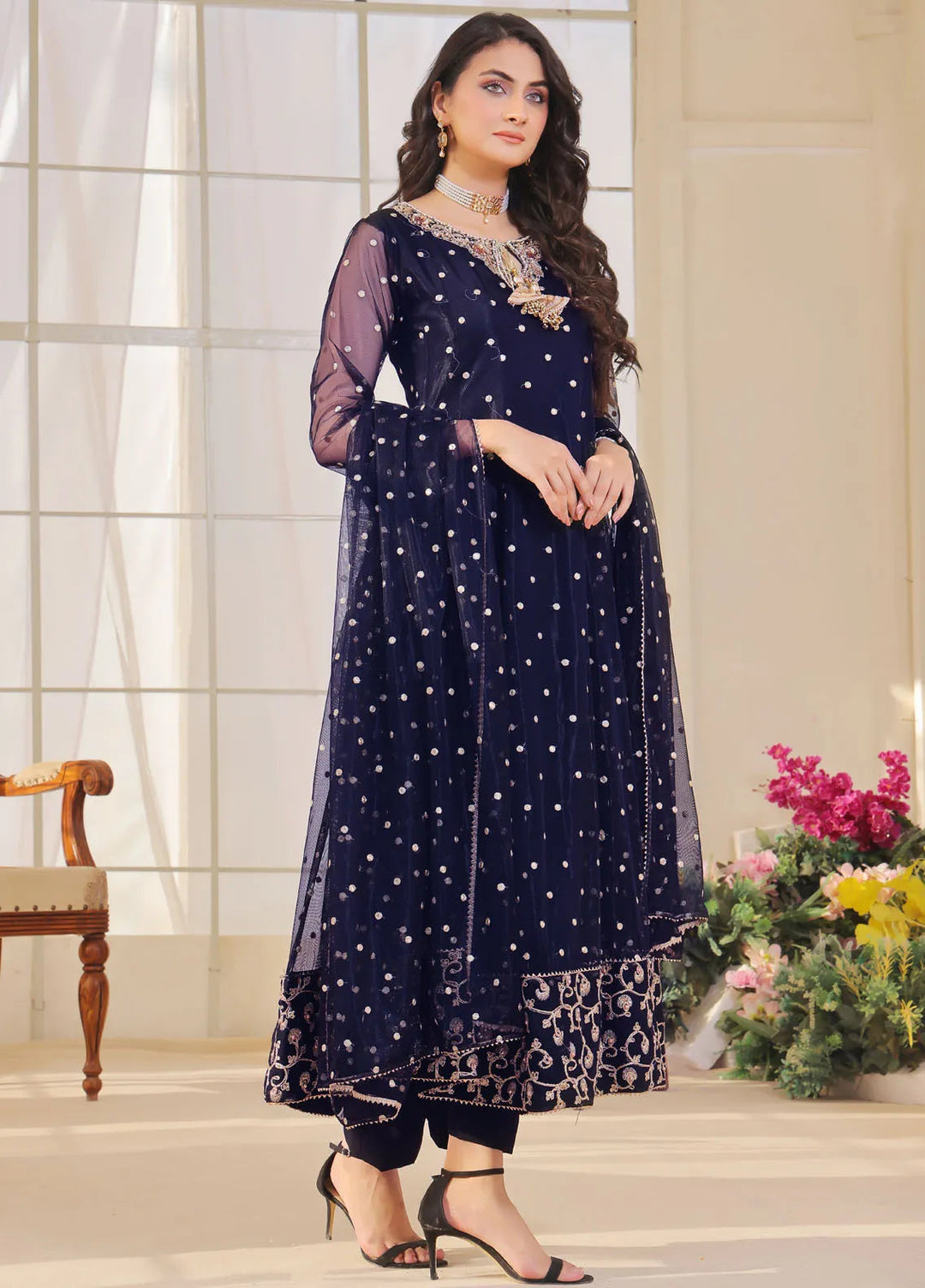 Ayesha Closet Pret Embroidered Chiffon 3 Piece Suit Jashan Navy Blue