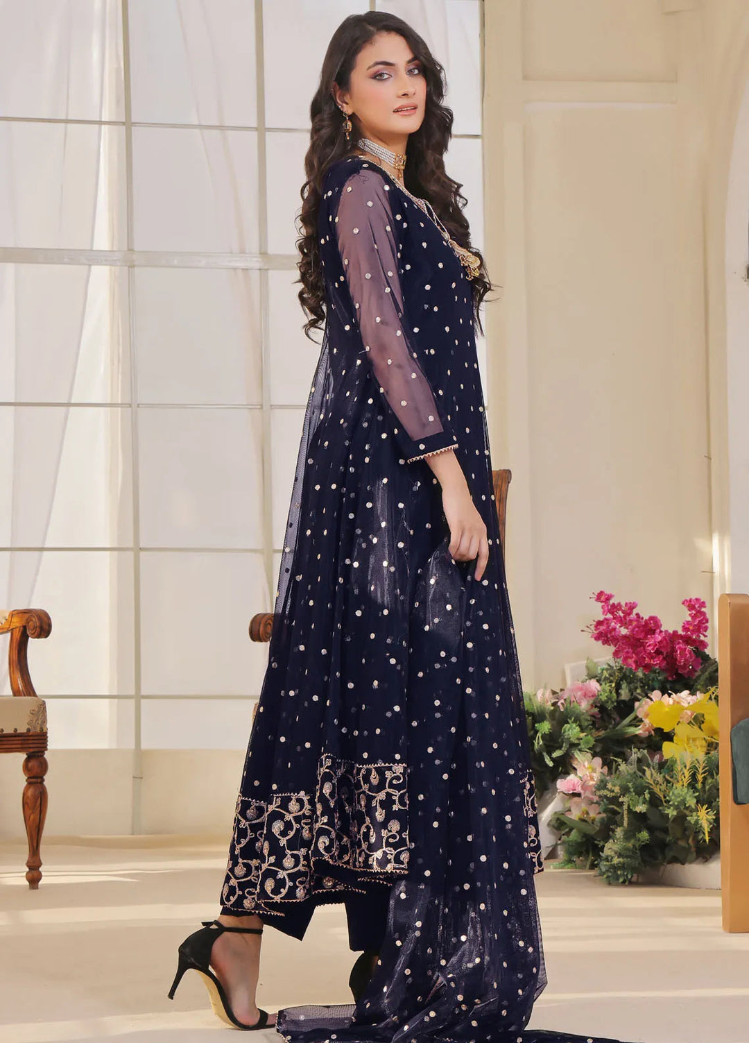 Ayesha Closet Pret Embroidered Chiffon 3 Piece Suit Jashan Navy Blue