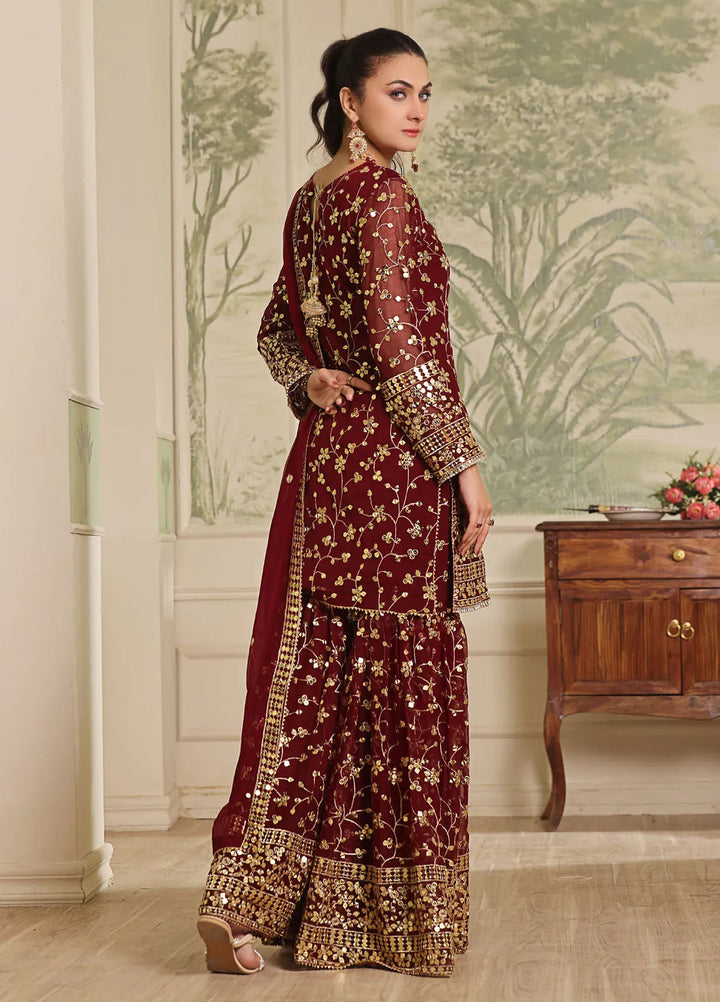 Ayesha Closet Pret Embroidered Chiffon 3 Piece Suit Mendhi Cherry Red