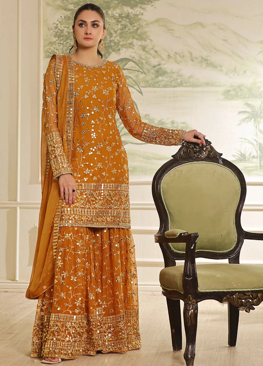 Ayesha Closet Pret Embroidered Chiffon 3 Piece Suit Mendhi Mustard