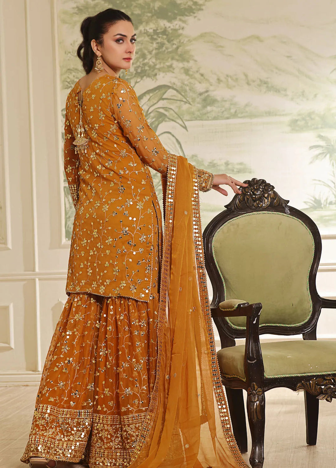 Ayesha Closet Pret Embroidered Chiffon 3 Piece Suit Mendhi Mustard