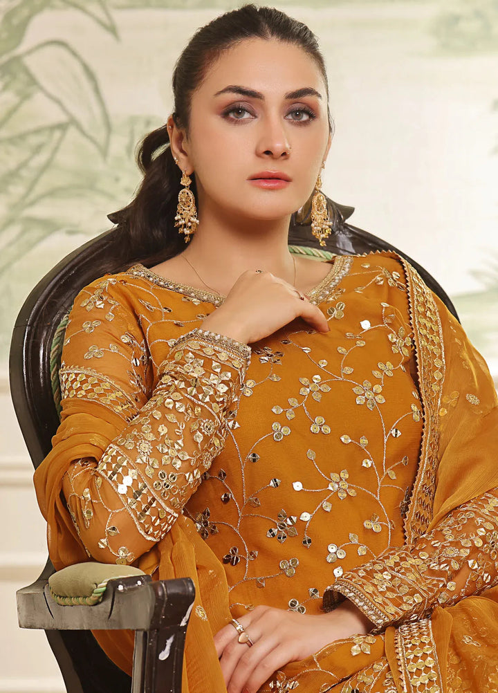 Ayesha Closet Pret Embroidered Chiffon 3 Piece Suit Mendhi Mustard