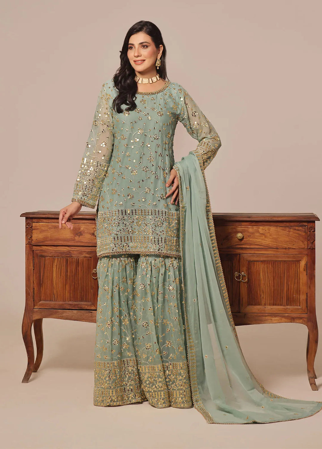 Ayesha Closet Pret Embroidered Chiffon 3 Piece Suit Mendhi Pistachio