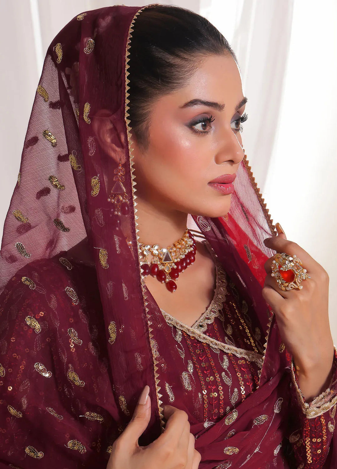 Ayesha Closet Pret Embroidered Chiffon 3 Piece Suit Resham Maroon